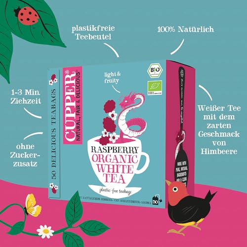 Cupper Bio Tee Vorratspackung White Tea and Raspberry, Weißer Tee, 50 ungebleichte Teebeutel, Big Pack, Perfekt fürs Büro, fair gehandelt, plastikfreie Teebeutel