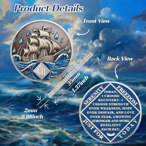 Image of Braving The Storm 7 Year Sober Coin, Nautical NA Coin, Addiction Recovery Seven Year Sober Chip, Celebrating Recovery Anniversary Token, Narcotics Anonymous Sobriety Gifts for Men Women