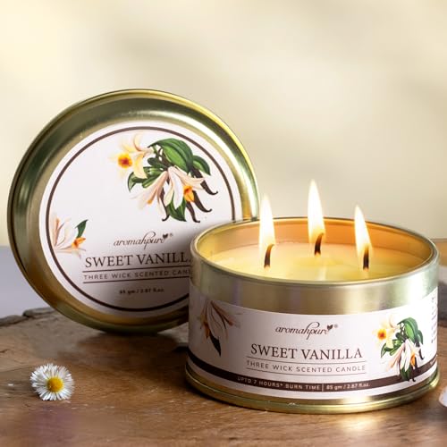Image of Aromahpure Vanilla 3 Wick Candle in Container with Lid | 85g | Burn Time 7 Hours | Scented Candle | Relaxing Aromatherapy Candles for Home Decor, Gifting, Bedroom & Spa