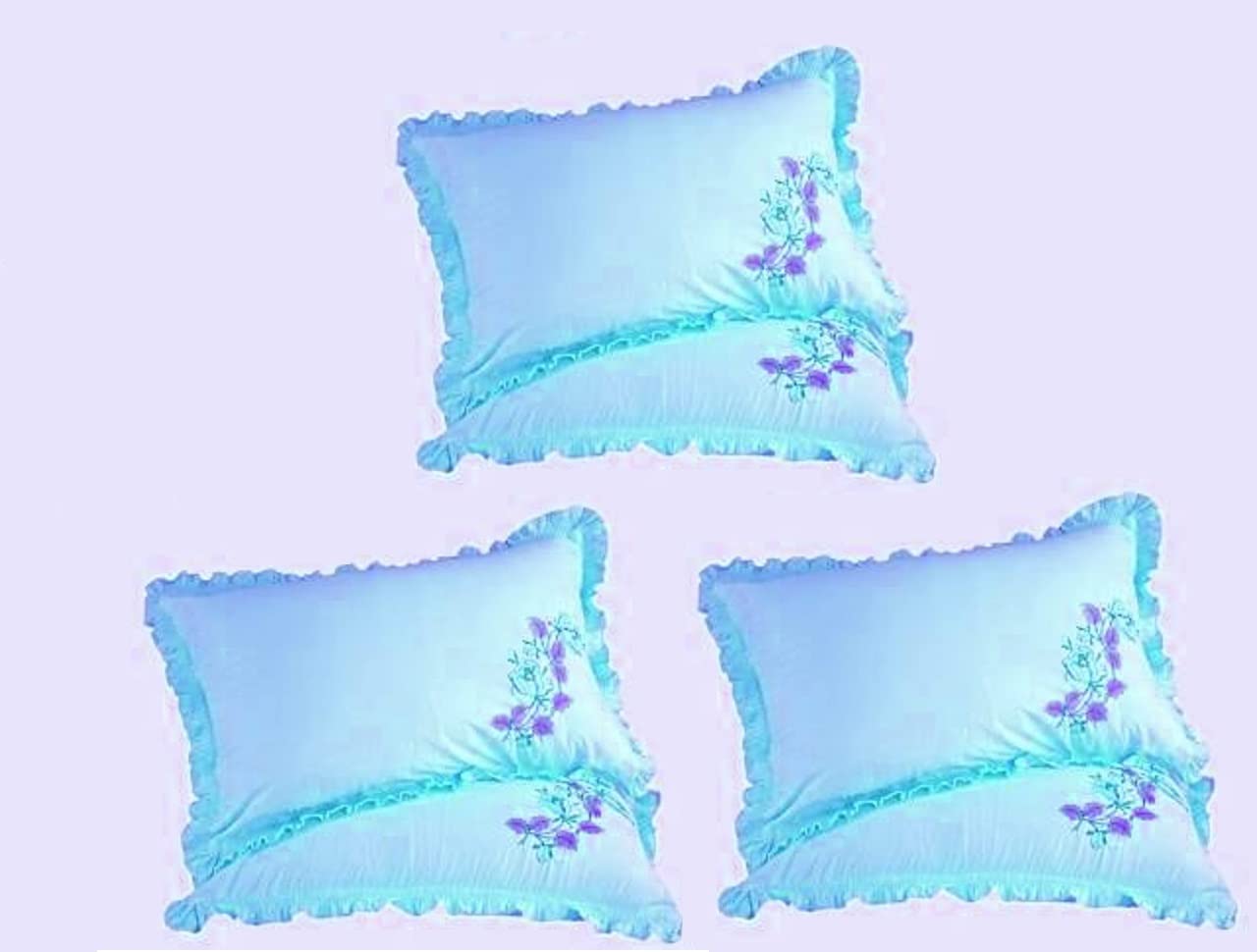 Cotton Embroidery Frill Pillow Cover Set of 6 (Size 27 * 17) (Aqua Heavy Frill)