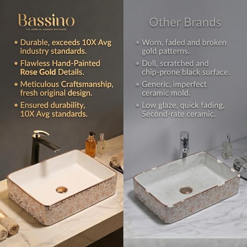 Image of BASSINO 24x14x5 Inches Ceramic Table Top Wash Basin /1 Year Warranty /White & Rose Gold Basin for Bathroom /Rectangular Ceramic Countertop Washbasin for Bathroom /Dining Hall /Living Room(Glossy)