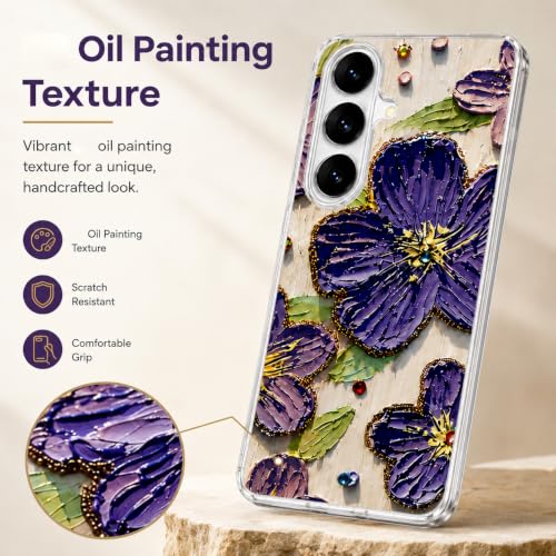 Image of Elzzi Compatible with Samsung S26 Case Laser Flower Oil Painting Cute Colorful Blue Ray Bumper with Full Camera Protection Shockproof PC+TPU Glossy Shiny Cover for Girls Women, Purple