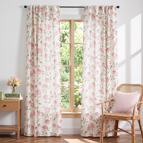 Image of jinchan Pink Floral Linen Curtains 84 Inch Cottagecore Back Tab 2 Panels | Light filtering drapes, semi sheer, farmhouse, watercolor, romantic, living room, bedroom, rod pocket, window treatment