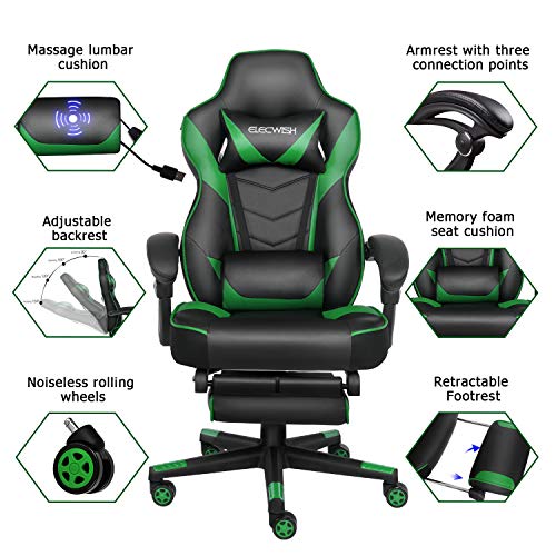 ELECWISH Racing Video Gaming Chair High Back Large Size Ergonomic Adjustable Swivel Reclining Executive Computer Chair with Headrest and Lumbar Support PU Leather Executive Office Chair Green - Thumbnail 7