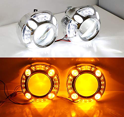 Ijdmtoy (2) 3.0-Inch H1 Bi-Xenon Headlamp Projector Lens W/Cayenne Style White/Amber Switchback Led Daytime Running Light Shroud Compatible With Headlight Retrofit, Custom Headlamps Conversion #TOP3