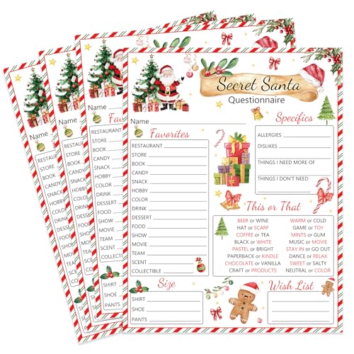 25 formulários de questionário secreto do Papai Noel, ideias para lista de Natal, cartões em branco para Natal, família, amigos, troca de presentes, atividades de festa de jogos (aquarela)
