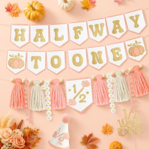 Image of 1 /2 Birthday Girl Half Birthday Decorations-Pink Pumpkin Half Way to One | 6 Months Birthday Decorations; High Chair Banner Boy;Wooden Cake Topper; Half Birthday Hat; Thanksgiving Day Decorations