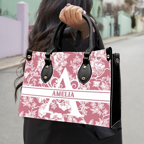 Personalized Name Leather Handbag Floral, Custom Shoulder Bag for Women with Matching Purse Gift for Mom Sister Friends3