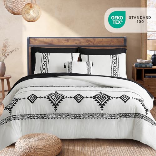 Image of MaiReve Embroidery Queen Comforter Set 7 Pieces White Western Bed in a Bag