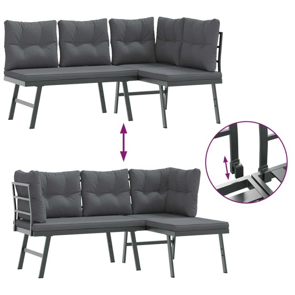 Banco de jardín con cojín, 2 piezas, acero con recubrimiento en polvo, resistente a la intemperie, 173 x 118 x 76 cm, para terraza, balcón, exterior, confort de asiento, incluye