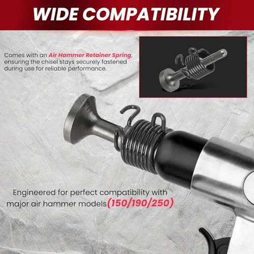 AMGSH 5 pcs Smoothing Air Hammer Bits Tool Kit, Pneumatic Air Hammer Attachments 0.401\'\' (10mm) Shank Heavy Duty Air Hammer Chisels Extended Length Pneumatic Hammer Bit with Spring