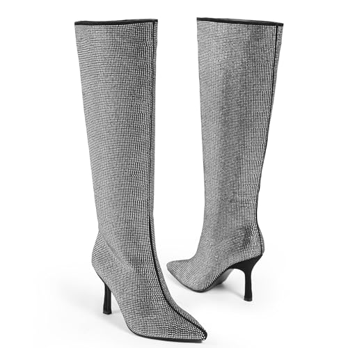 Women Knee High Boots 3 In Stiletto High Heel Pointed Toe Tall Boots Side Zipper Dress Long Boots4