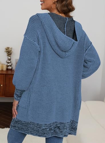 Image of Sidefeel Women's Fall Winter Hooded Cardigan Oversized Open Front Chunky Knit Plaid Sweaters Outwear Sky Blue Small
