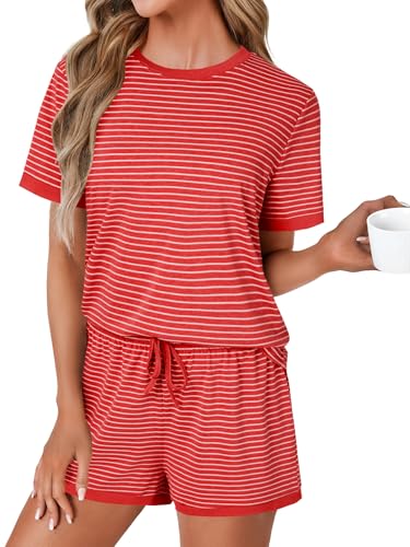 Image of LYANER Pajama Set for Women 2 Piece Lounge Set Striped Crew neck Short Sleeve Tops and Shorts Soft Sleepwear