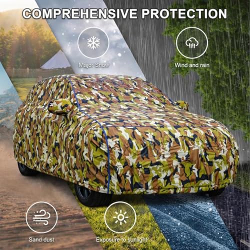 Image of Waterproof Car Body Cover for Maruti Suzuki Brezza with Mirror Pocket| Cotton Inner Lining | Triple Stitched | All Weather Protection | Dust, UV & Rain Proof (Camouflage with Blue Piping)
