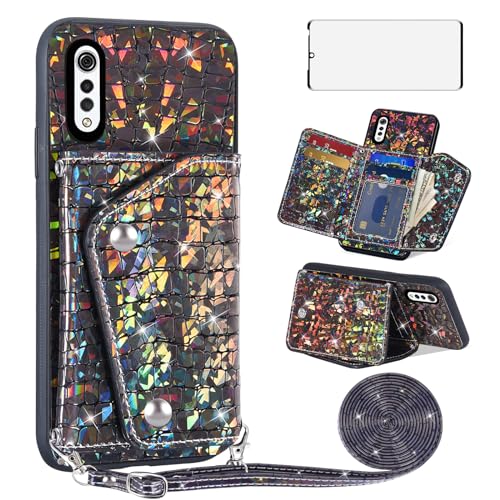Asuwish Phone Case for LG Velvet 5G/LGVelvet Verizon G5 UW T-mobile 2020 Wallet Cover with Screen Protector and Credit Card Holder Stand Leather Bling Glitter Cell LM G900UM 4G Tmobile Women Men Black