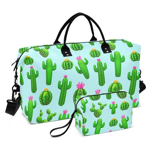Cactus Plant Lightblue Travel Duffel Bag for Men Women with Makeup Bag Weekend Overnight Carry On Bags for Hospital Travel Gym