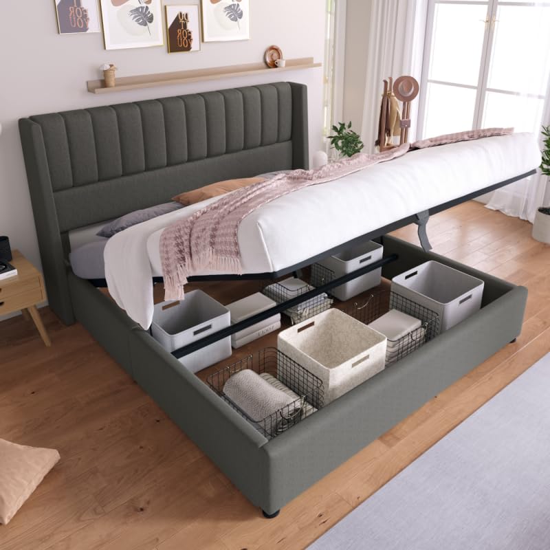 Letto Matrimoniale Imbottito Con Contenitore 160x200 – Struttura In Legno E Cotone, Rete A Doghe, Testata Moderna, Grigio Chiaro – Aprile Idraulico - 6