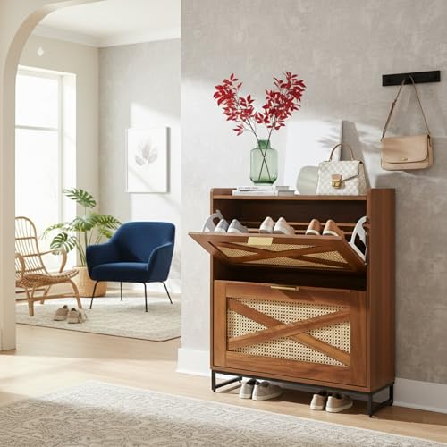Image of The Artment your artistic apartment Raya Shoe Cabinet with Natural Rattan Weave, Warm Oak Finish, Slim Entryway Shoe Storage for 8 to 14 Pairs, Modern Rustic Japandi Organizer with Metal Base