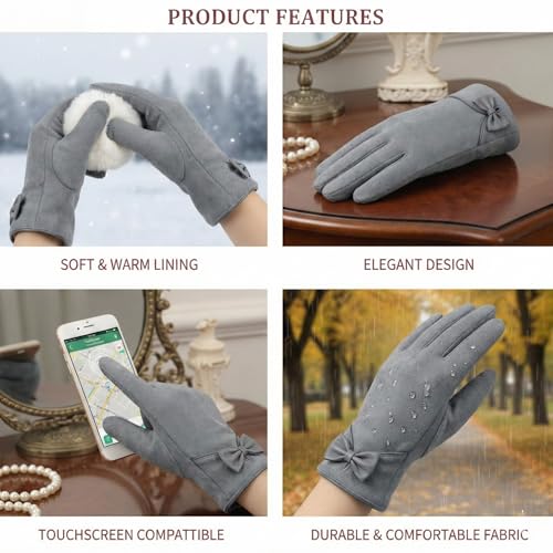 Image of Kraptick Women's Winter Thermal Gloves - Elegant Suede Fleece Lined Warm Full Finger Hand Gloves with Bow Knot - Windproof Soft Driving Mittens for Ladies & Girls (Free Size, Purple)-8