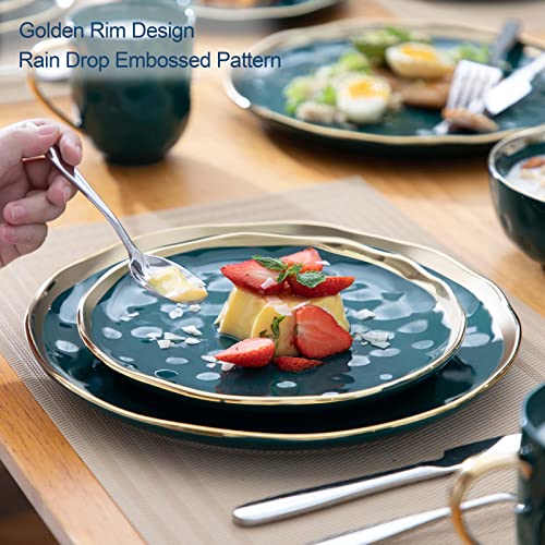 Dish Set For 8, Stoneware Dinnerware Set 32 Pcs, Handmade Plates And Bowls Sets With Mugs, Lovecasa, Dinner Sets, Blackish Green And Golden Rim, Series Sweet #TOP4