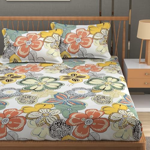 Image of Vram Premium Heavy Cotton Elastic Fitted Bedsheets with 2 King Size Pillow Covers || Double Bed with All Around Elastic 350 TC || 72 x 72 x 10 Inch King Size Fitted || :- Cream Big Flower