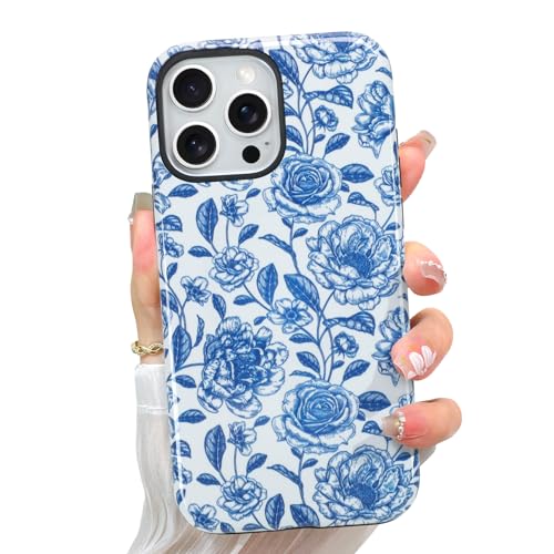 pmxlfo Designed for iPhone 15 Pro Case Ceramic Rose Pattern -Blue