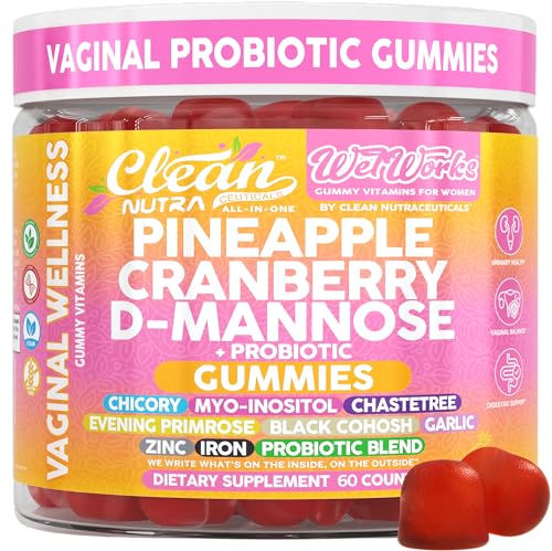 Wet Works Women's Vaginal Probiotic Gummies Pineapple Cranberry Folic Acid D-Mannose Vitamin C Chicory Myo Inositol Garlic Black Cohosh Zinc Iron Evening Primrose Chastetree 60 Count by Clean Nutra
