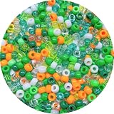 Green Pony Beads 1000pcs, Green Orange White Glitter Bead Mix, 9mm Craft Beads for Bracelets, Jewelry Making, DIY Shamrock Nature Decorations, Crafts Party Kit