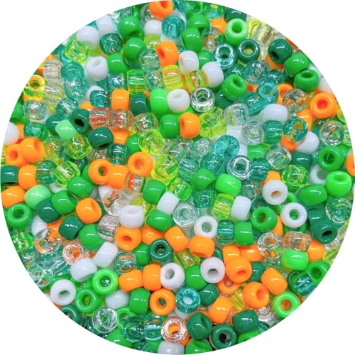 Green Pony Beads 1000pcs, Green Orange White Glitter Bead Mix, 9mm Craft Beads for Bracelets, Jewelry Making, DIY Shamrock Nature Decorations, Crafts Party Kit