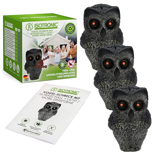 Preisvergleich Produktbild ISOTRONIC Fake Eule Vogelschreck Figur mit Leuchtaugen, realistisches simuliertes Kreischen Vogelscheuche Vogelabwehr Taubenschreck Starenschreck (3, Stück)