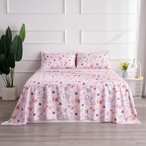 Image of Pink Flower Twin Sheets 3 Piece Set - Botanical Pattern Microfiber Bedding Decor - Breathable, Durable, Up to 16 inch Deep Pocket Bed Sheet for Girls