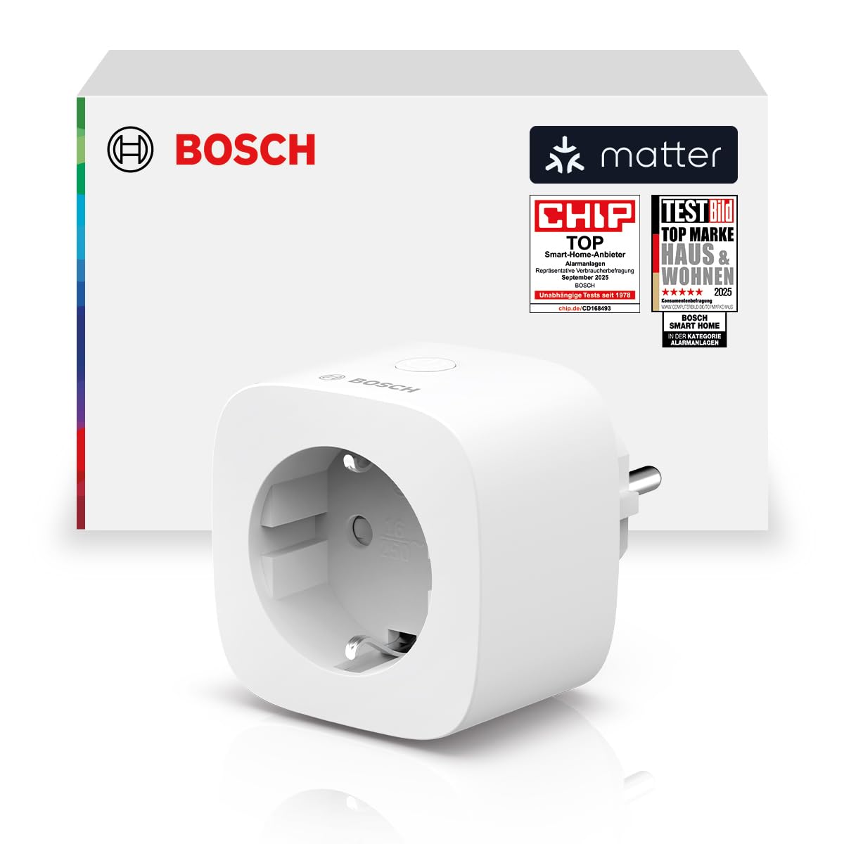 Bosch Smart Home Zwischenstecker kompakt [+M], smarte Steckdose mit Matter, Stromverbrauch messen & Energiekosten senken, App- & Sprachsteuerung, Apple Home, Google Home & Alexa kompatibel