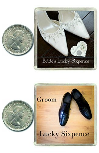 Oaktree Gifts - Conjunto de 2 monedas de la suerte de 6 peniques para novios Regalo muy divertido para los novios que trae suerte