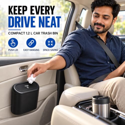 Image of Mini Car Trash Bin with Lid, Hanging Vehicle Dustbin with Back Clip and Push-Open Clamshell Design for Door Panel, Seat Back and Interior Storage