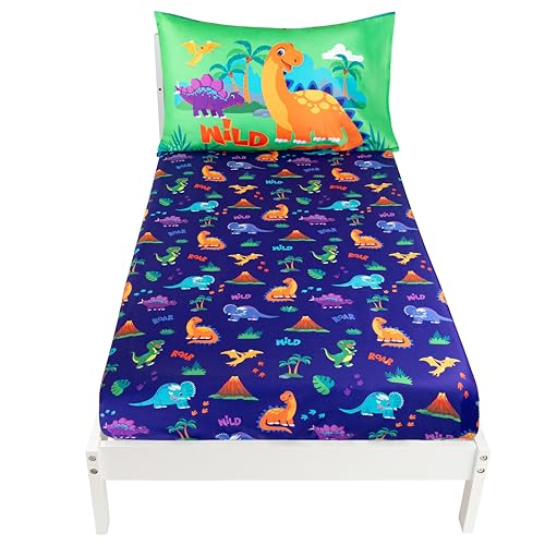 Image of Todays Kids 2-Piece Dinosaurs Toddler Bed Sheets Set - Soft & Breathable Toddler Bedding Set, Machine Wash & Fade Resistant - Secure Fitted Sheet & Matching Pillowcase - Fits 28 inch x 52 inch Crib Mattress