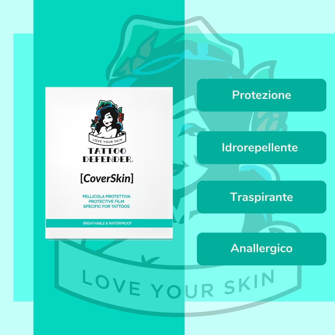 Tattoo Defender - CoverSkin Fogli - 4 Fogli Di Pellicola In Poliuretano - Pellicola Protettiva Per La Cura Dei Tatuaggi - Traspirante Ed Idrorepellente - Marchiato CE