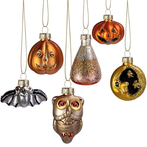 Deloky 6 Pcs Halloween Glass Blown Hanging Ornaments- Halloween Decoration Glass Tree Decoration - Halloween Bat Pumpkin Owl Glass Ornaments for Halloween Haunted House Party Decor