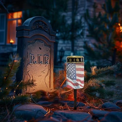 Image of American Flag Light for Prayer Cemetery Solar Lights for Grave Cemetery Decor Candle Lamp Waterproof Solar Power Light Eternal Lights 2 Pcs Patriotic Decoration