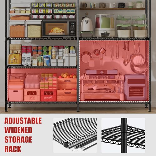 Image of REIBII 61.7''W Storage Shelves Load 1220LBS Wire Shelving Unit 4 Tier Metal Shelving for Storage Rack Shelves Heavy Duty Garage Shelf Pantry Shelves Kitchen Shelving, 61.7 inch W*62.9 inch H*15.8 inch D, Black