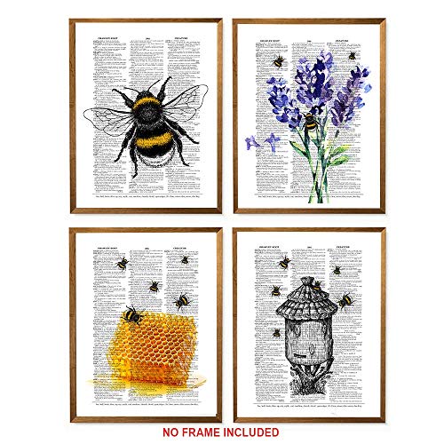 Midoro Set of 4 Prints â€“ Unframed, Print on Vintage Dictionary Book Page Honey, Bee, Beehive, Lavender Flowers Antique Book Art Prints Wall Art, Vintage Botanical Prints (Bees Art, 8" x 10")