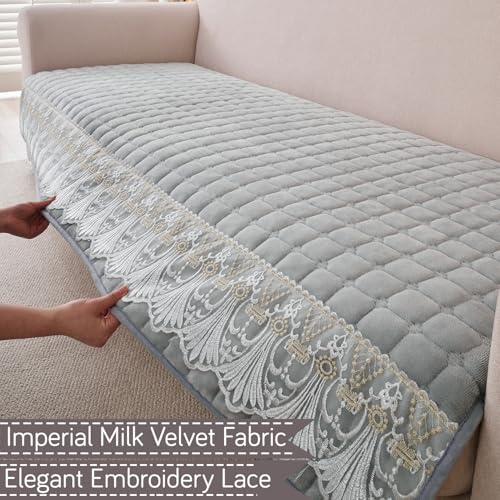 Image of HOKIPO 'BelleLace Series' Sofa Mat for 3 Seater and 2 Seater Sofa | Imperial Milk Velvet Sofa Cover with Lace Design | Cloud Grey (AR-5966+5964-LGRY)