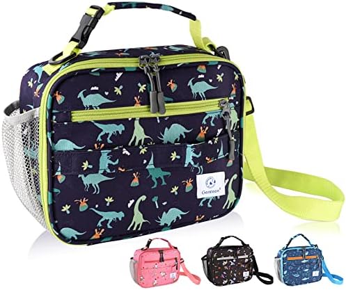 Genteen Insulated Lunch Bag, Kids Prints Lunch Bag Double Zipper & Side Pocket Kids Lunch Bag,Durable Soft Bag & Cooler Bag Back to School for Girls, Boys - Dinosaur