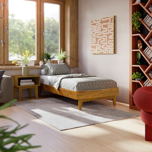 Image of Bme Catherine Twin Platform Bed Frame, Modern Bed Frame Without Headboard, Wooden Low Profile Bed Frame, Acacia Wood Platform Bed Frame, No Box Spring Needed, Supports up to 500lbs - Teak Brown