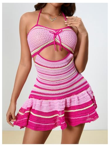 Image of MakeMeChic Women's Summer Crochet Dresses Casual Striped Halter Cut Out Tie Backless A Line Ruffle Mini Dress