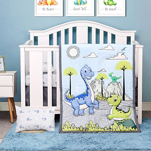 Image of JISEN 3 Piece Crib Bedding Set Crib Quilt Crib Sheet Pillowcase - Soft Microfiber Printed Nursery Set for Baby Boys or Girls Dinosaurs