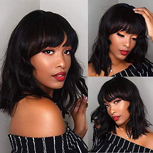 Short Bob Human Hair Wigs with Bangs Natural Wave 100% Brazilian Human Hair None Lace Front Wigs Huaman Hair 130% Density Glueless Machine Made Wigs for Black Women Natural Color (Bangs Wigs, 10 inch)
