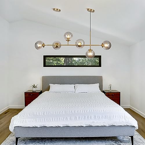 Kco Lighting 6-Light Modern Globe Pendant Light Mid Century Vintage Rectangle Sputnik Chandelier Gold Farmhouse Linear Chandelier Kitchen Island Lighting (Gold+Smoke Gray) #TOP6