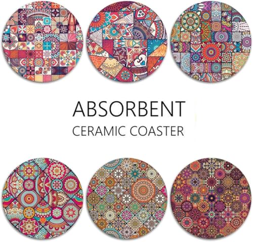 Image of Coaster for Drinks Set of 6, Vintage Ottoman Flower Mexican Mandala Table Absorbent Round Wood Stone Mat, with Cork Base and Metal Holder, Gift for Housewarming Room Bar Decor
