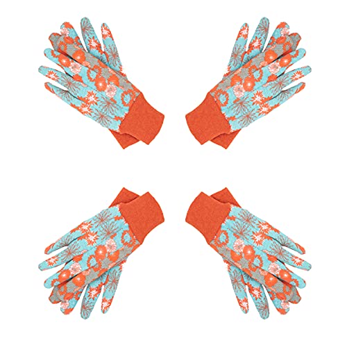 HANDLANDY Women Garden Gloves Cotton, 4 pairs Ladies Soft Jersey Gardening Gloves with PVC Dots, Floral Yard Work Gloves Large (Pack of 4) Orange
